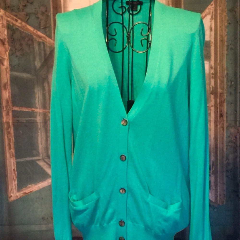Ann Taylor  Bright Aqua long cardigan.